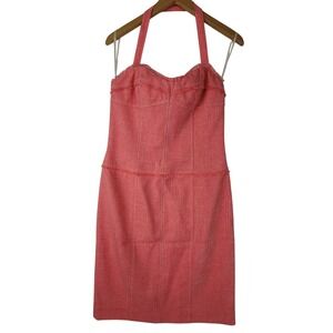 VTG Phoebe Coral Pink Halter Short Dress Fitted Bodice Green Polka Dot Liner 6